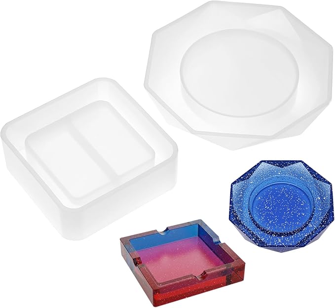 QWORK Silicone Ashtray Resin Mould, 2 Pack Square & Round/Prismatic Casting Moulds for Resin Crafts, Reusable DIY Epoxy Moulds for Ashtrays and Handmade Decorations