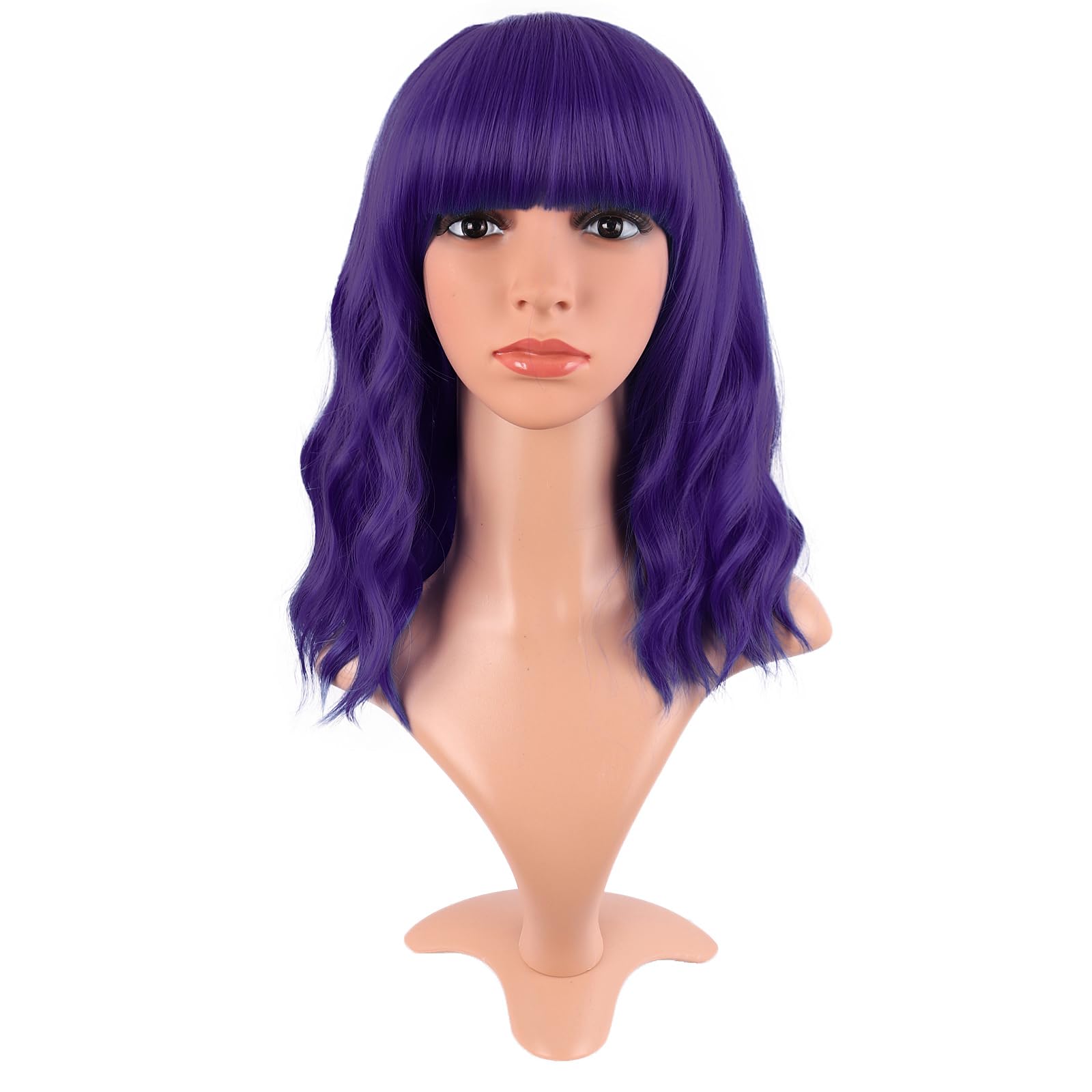 MapofBeauty 14 Inch/35 cm Short Wavy Curly Women Fresh Bright Synthetic Ordinary Flat Bangs Bob Wig (Dark Purple)