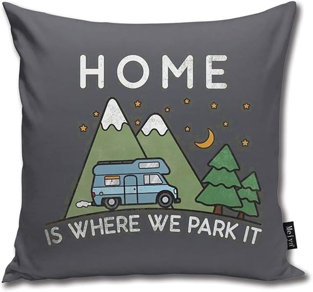 Throw Pillow Cover Camping Home Is Where We Park It Campervan Gift Pillow Cases for Home Decor Design Cushion Case for Sofa Bedroom Car 18 x 18 Inch 45 x 45 cm