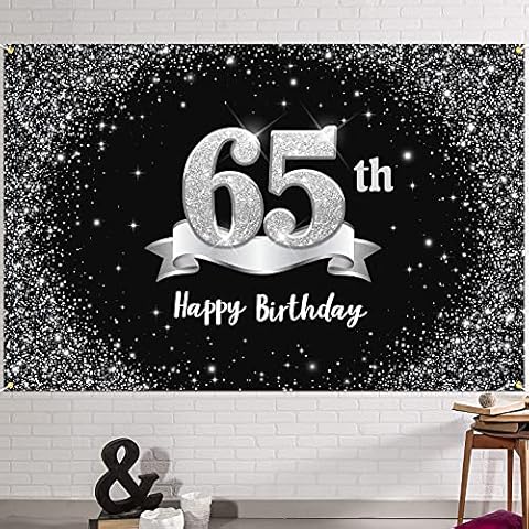 HAMIGAR 6x4ft Happy 65th Birthday Banner Backdrop - 65 Years Old Birthday Decorations Party Supplies for Women Men - Black Silver Cover