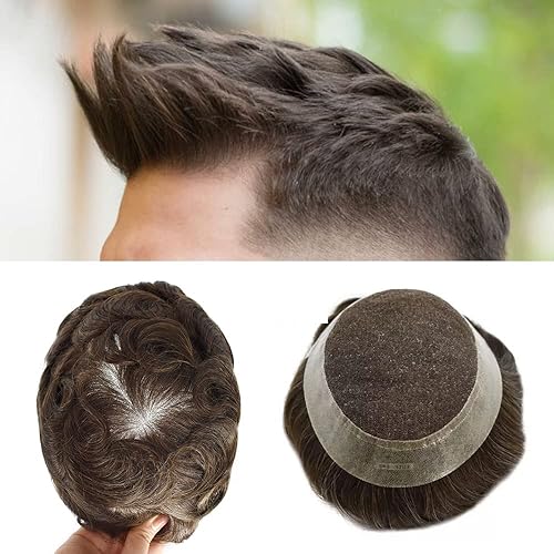 Tupé para hombre, cabello humano real, suave encaje suizo frontal, tupé para hombres, cabello ondulado, línea capilar natural, sistema de reemplazo