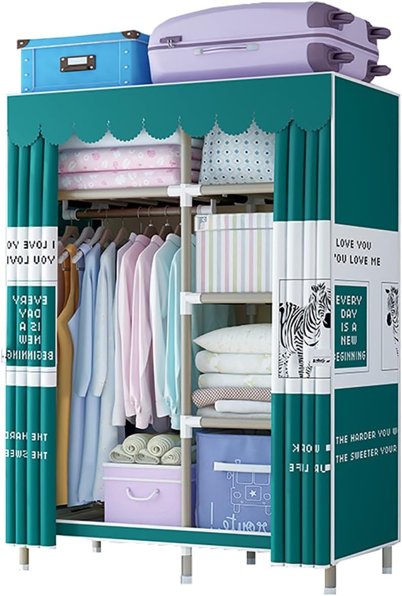 Closet for Bedroom Metal Wardrobe Closet with Hanging Rod and 5 Storage Shelves Portable Closets for Hanging Clothes Easy to Assemble (Color : Green-2, Size : 103x45x170cm)