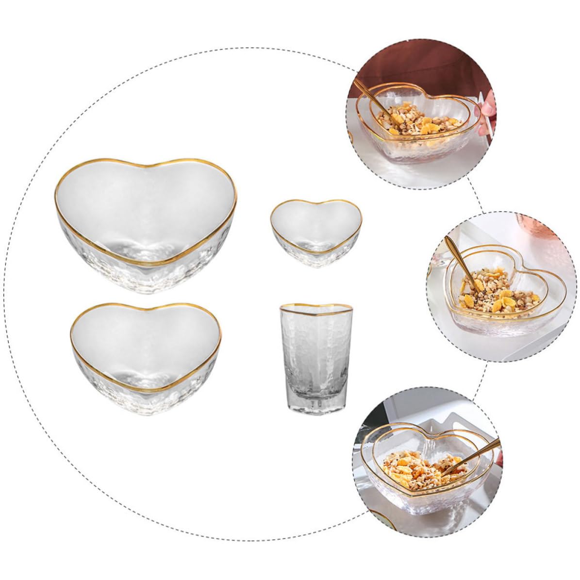 Set di 4 Pezzi Ciotole in Vetro a Forma di Cuore per Uso Quotidiano e Riunioni Familiari, Superficie Liscia e Lucida, Design Creativo ed Elegante