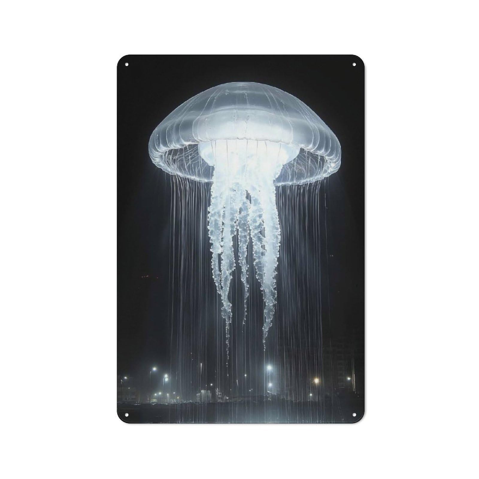 Junmoney Style-10 Vintage Metal Sign With Illuminated Jellyfish Sculpture At Night Design 30X20cm, Rustic Bar Wall Plaque For Bar, Kitchen, Garage Or Games Room