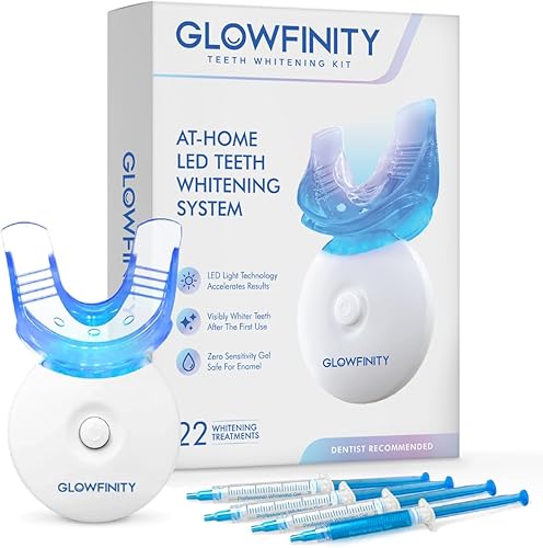 GLOWFINITY Kit de blanqueamiento dental Luz LED, 35% peróxido de carbamida, (3) jeringas de gel de 0.1 fl oz, (1) gel de remineralización y bandeja