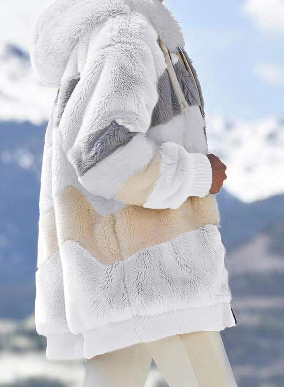 Dokotoo Womens 2025 Winter Fuzzy Fleece Jacket Hooded Color Block Patchwork Cardigan Coats Outerwear with Pockets