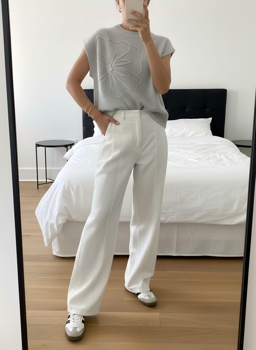 QJQ Women's Short Sleeve Sweater Vest 3D Flower Floral Decor Knit Crewnek Anthropologie Clothes Trendy Casual Cute Tops 2026 - Image 5