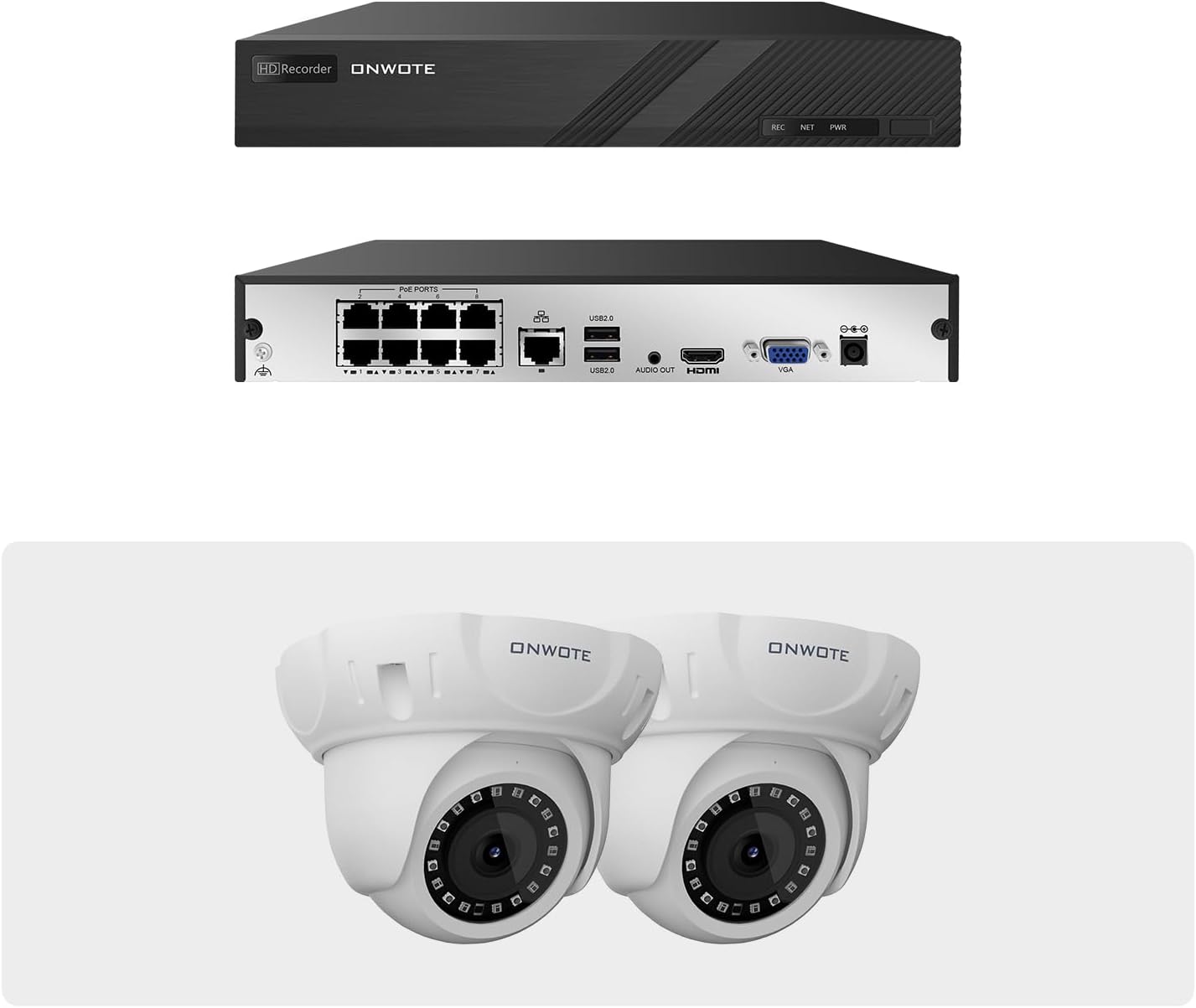 ONWOTE 4K 8MP 8 Channel NVR with (2) 6MP PoE IP Security Camera