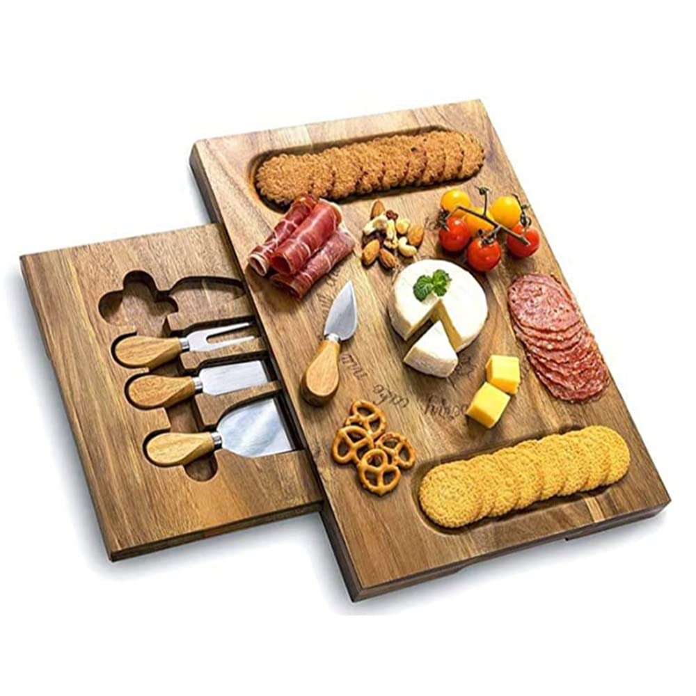 Unique Bamboo Cheese Board, Deli Tray and Serving Tray Including 4 Stainless Steel Knives and Thick Wood Spatula - Perfect for Fancy House Warm Gifts and Gourmet (Bamboo)