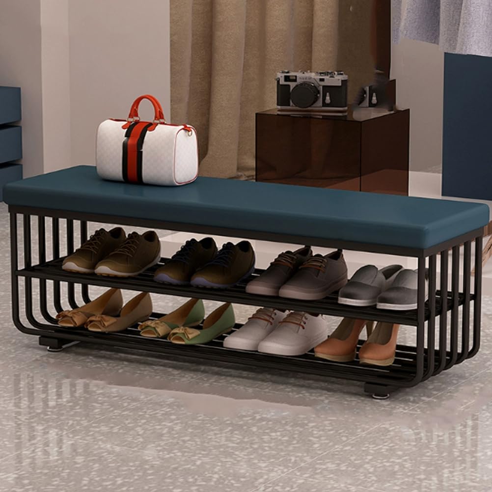 LWJSOCP Shoe Storage Bench with Padded Cushion 3-Tier Entryway Shoe Rack Stool Small Metal Leg Shoes nizer for Hallway Living Room Bedroom - Black & Blue 120cm