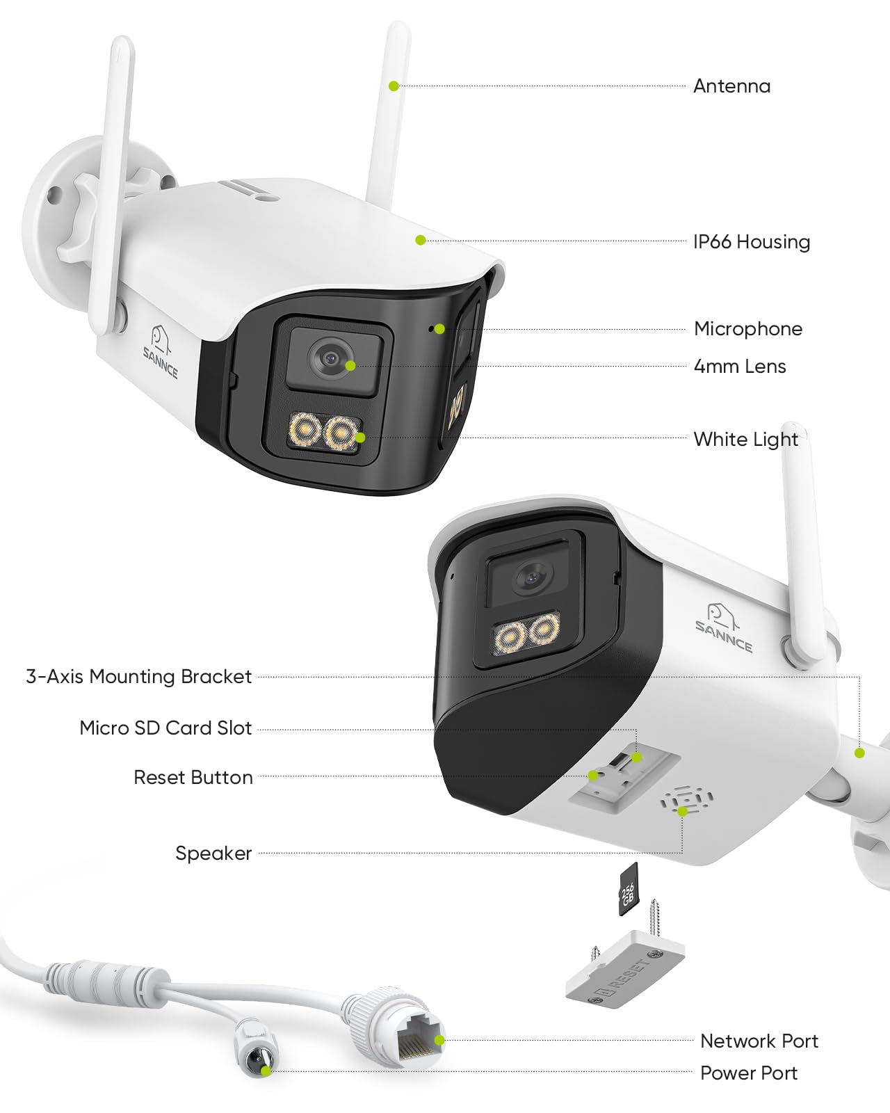 SANNCE 4MP Cámara Vigilancia WiFi Exterior & Interior con Doble Lente, 64GB microSD, WiFi 6, Visión Nocturna Color, Audio Bidireccional, Alarma Personas, Zoom Digital 10X, IP66, Grabación 24/7
