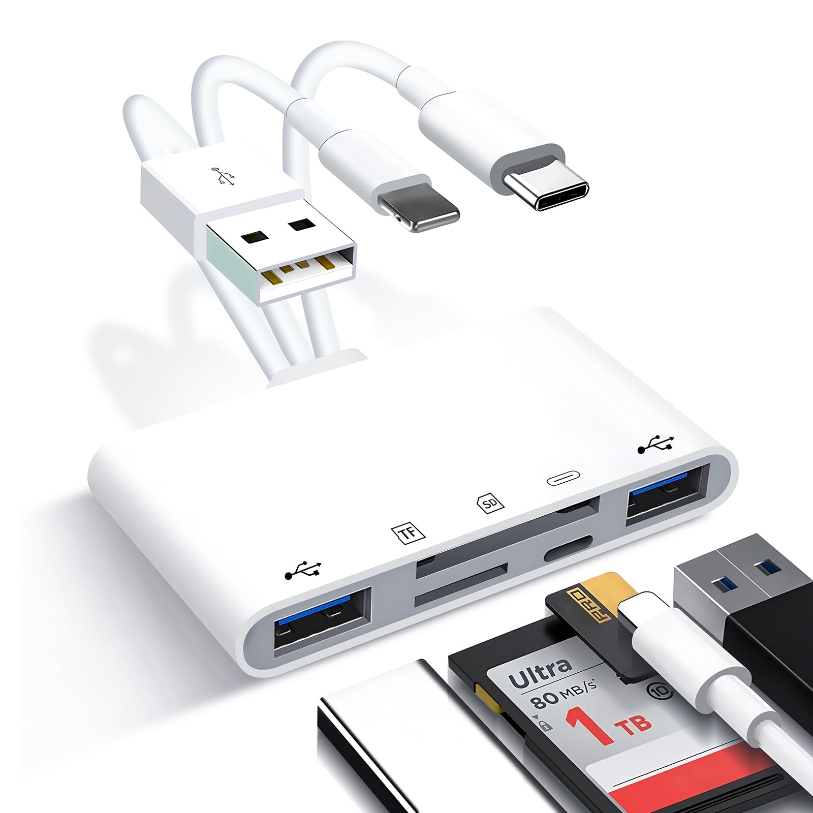 Hovvaa SDカードリーダー 5in3 Phone/Type-C/USB SD/TFカードカメラリーダー USB/SD/TF変換アダプタ USB3.0 双方向 高速転送 OTG機能 写真/ビデオ/資料 設定不要 メモリーカード MicroSD/SDHC/SDXC/MMC 日本語説明書付き