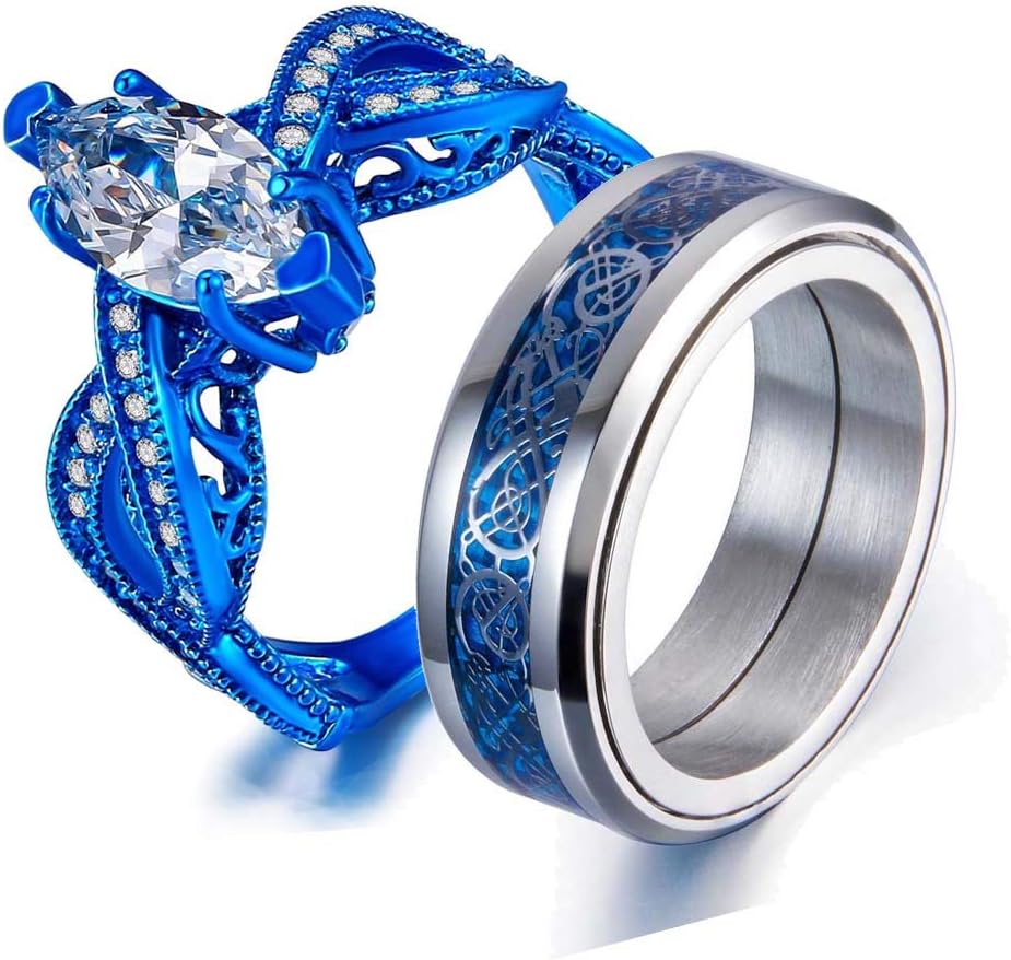 Two Rings Blue Couple Rings Stainless Steel Gold Filled Marquise Cut 1ct CZ Women's Wedding Ring Sets