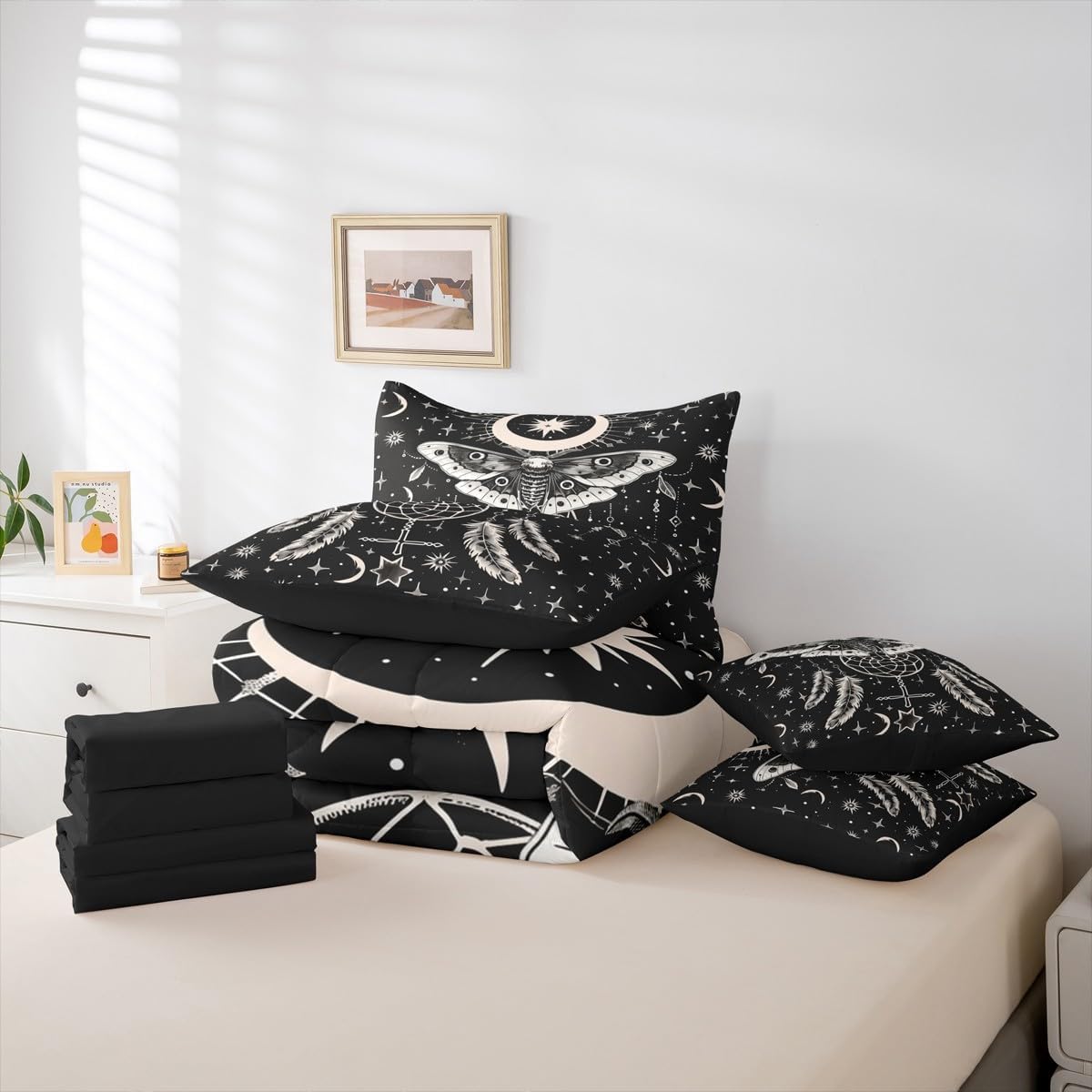 Erosebridal Moon Feather Stars 7 Piece Bedding Set Queen Moth Dream Catcher Comforter Set with Sheets Ring Mysterious Bed in a Bag Dreamy Bohemian Art