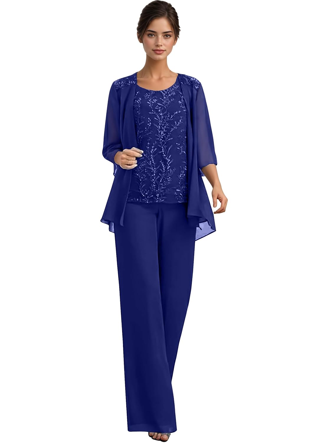 3 Pieces Mother of The Bride Pant Suits for Women Dressy Lace Appliques Formal Wedding Dress with Jacket