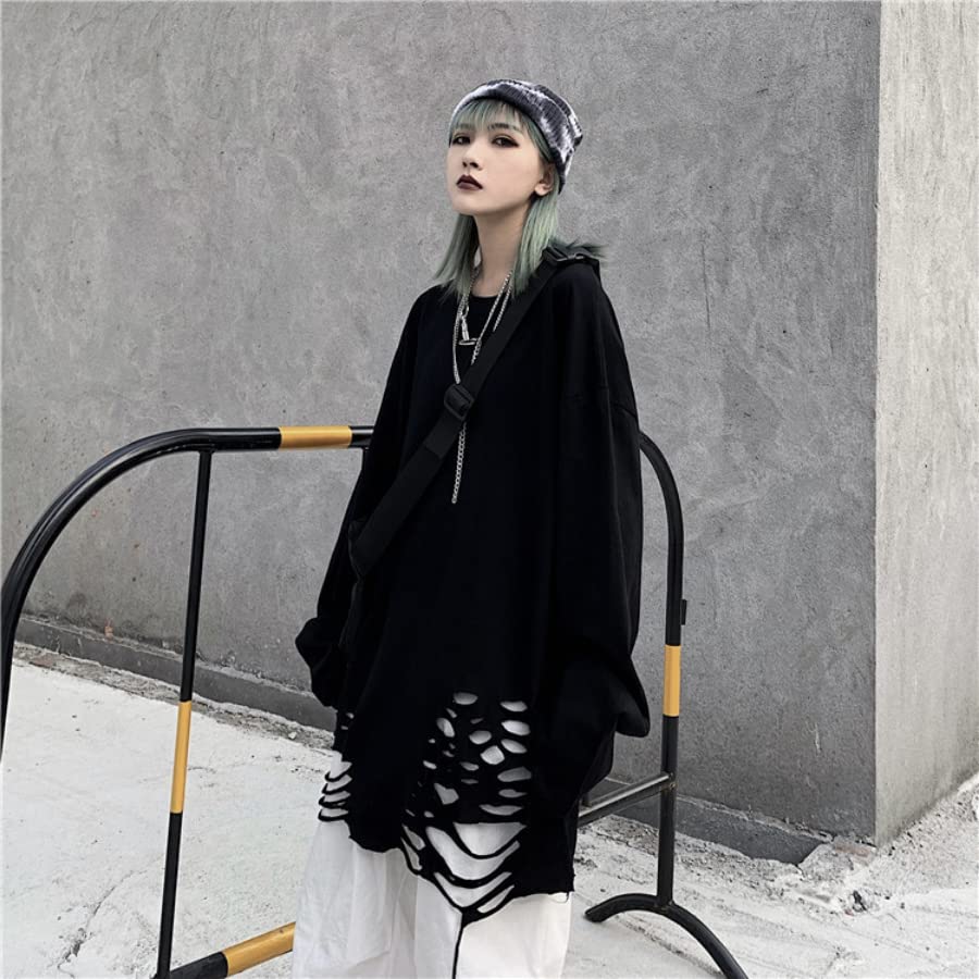 Women Men Y2K Gothic Sweatshirt Tshirt, Hole Grunge Punk Harajuku Aesthetic Alt Emo Loose Tops Streetwear Fall4