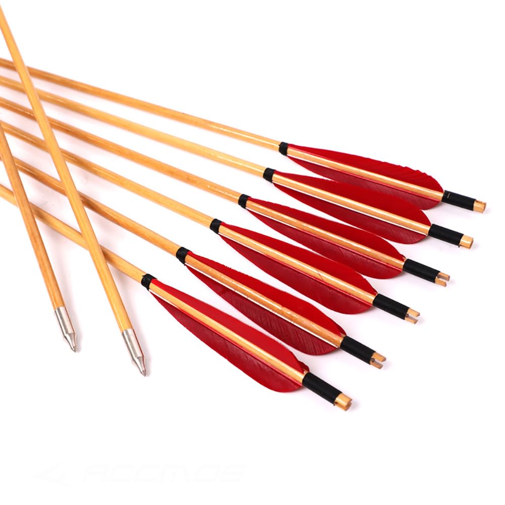 12 Pezzi OD 8 mm Freccia di Legno 5 Pollici Rosso Forma della Goccia Piuma di Tacchino, 82 cm di Lunghezza per Arco e Freccia Tiro con L'Arco Pratica e Caccia