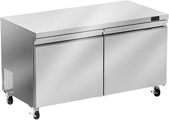 Rockitch 60" W Commercial Undercounter Freezer, 14.1 Cu.ft Stainless Steel Worktop Freezer, 2 Doors Fan Cooling Kitchen Fridge with Adjustable Shelves for Restaurant Food Prep, ETL Approved