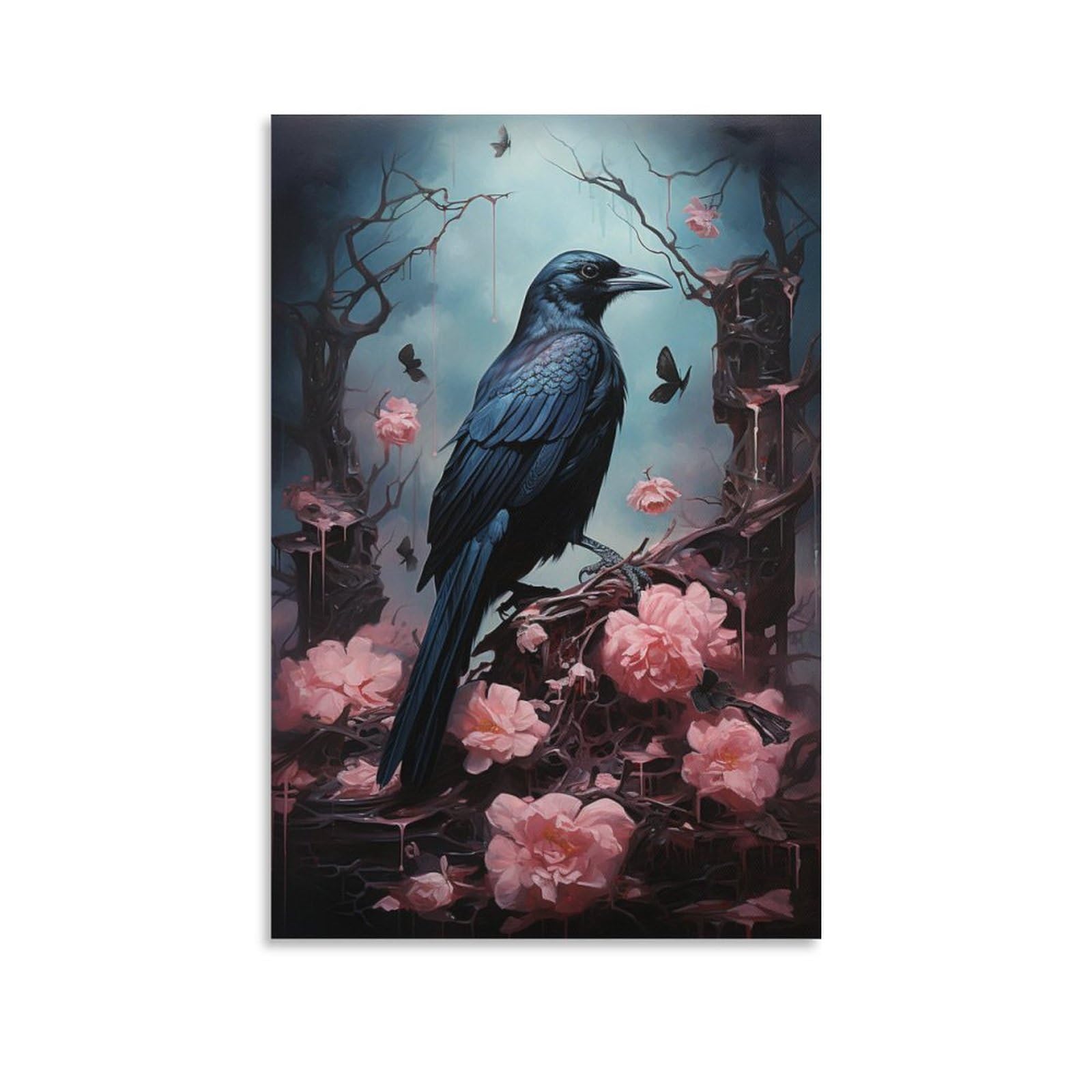 Foccar Unframe-Noble Crow Canvas Wall Art Noble Crow Wall Decorations For Living Room Rustic Black Bird Flower Animal Hang Pictures Wall Artwork