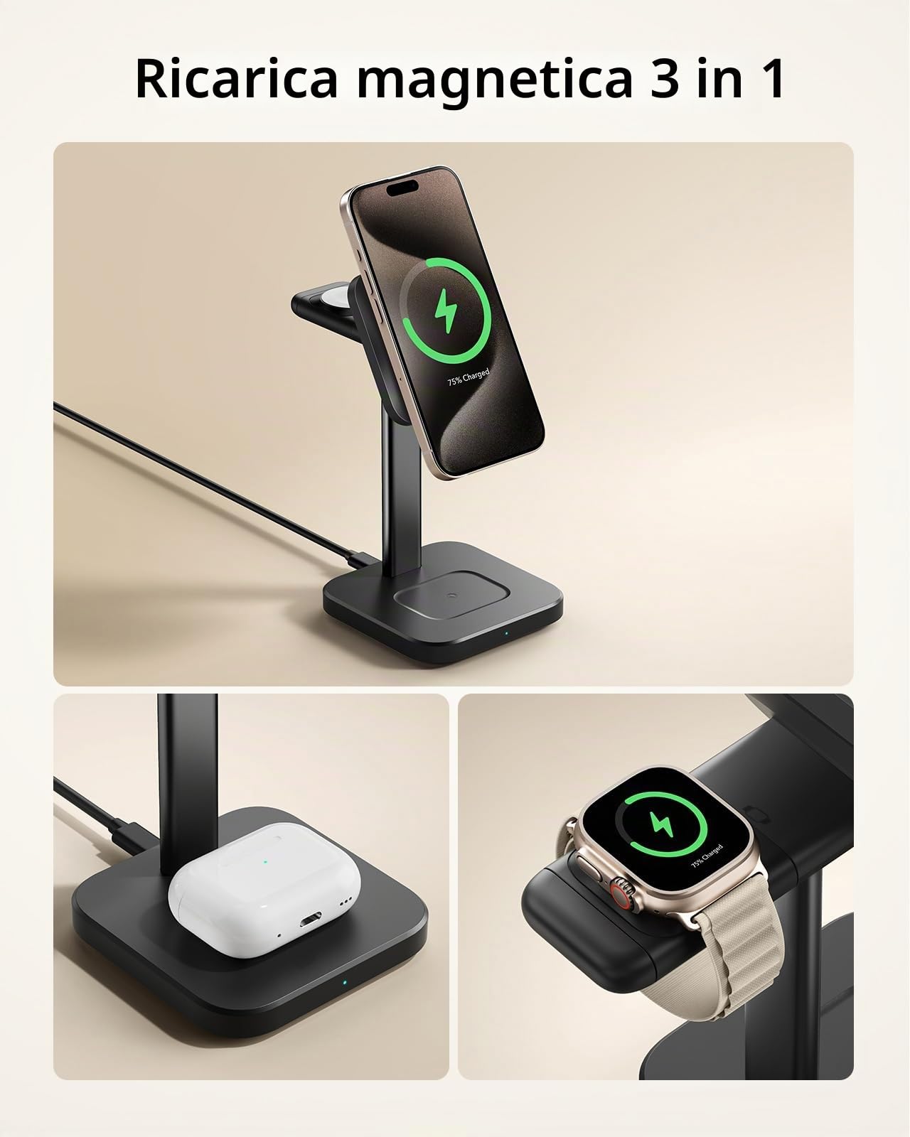 ESR Stazione di Ricarica Wireless per iPhone 3-in-1 per iPhone 17e-12 | 15W Caricatore Wireless, Supporto di Ricarica MagSafe 15W per Apple Watch, AirPods 4, Nero