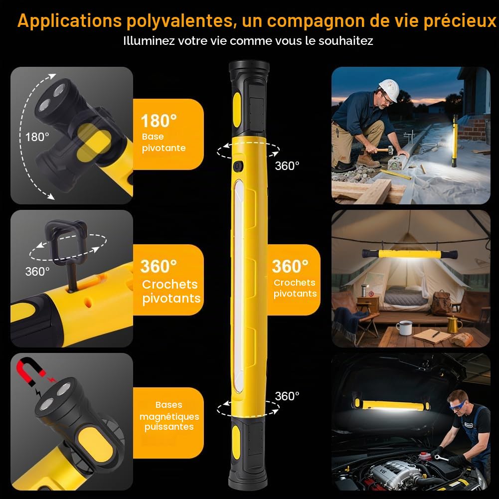 AXFEE Lampe de Travail, Baladeuse LED Rechargeable 5000mah, Lampe LED Rechargeable Aimantée, 3 Modes Baladeuse led Mecanicien avec Crochets, lampe Aimantée, pour Reparation Auto, Atelier, Camping
