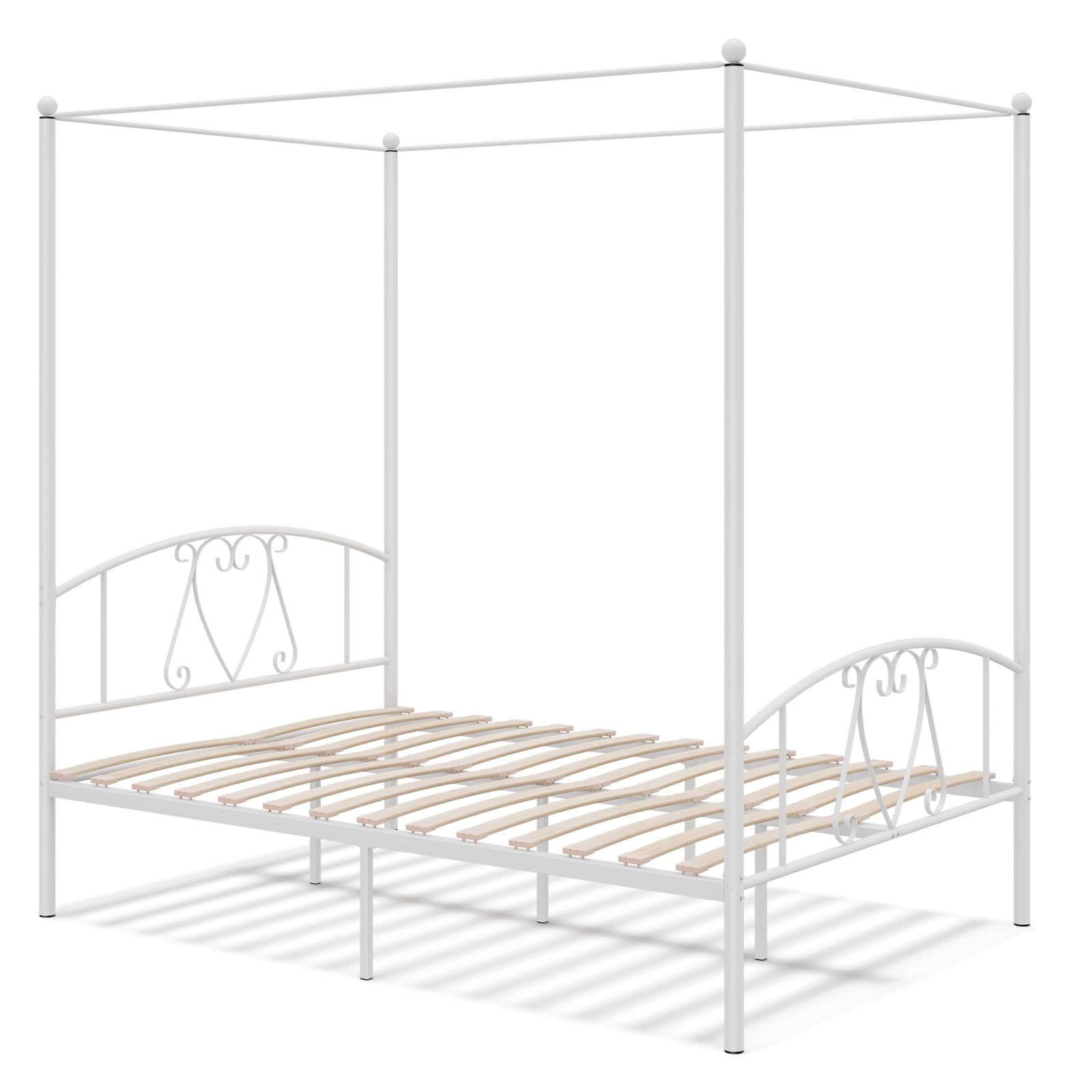 COSTWAY Double Canopy Bed Frame, Metal Platform Bed Base with Headboard, Footboard & 31cm Underbed Storage, Wooden Slat Support Mattress Foundation, No Box Spring Needed (White)