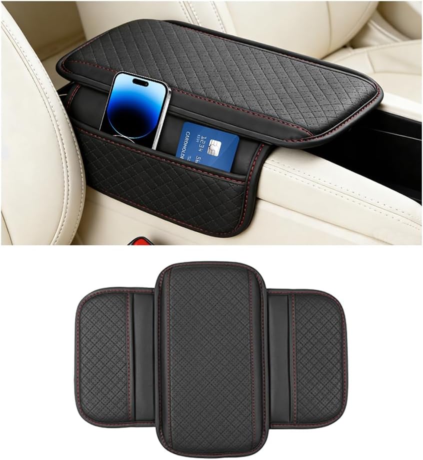 Car Center Console Cover, Vehicle Arm Rest Cover Cushion with 2 Storage Bags, Automotive Interior Armrest Box Middle Console Protector, Universal for SUV Sedan Truck (Black Red)