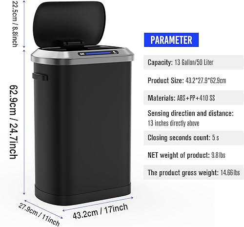 Miniatura 3 de Cubo de basura inteligente automático negro de 13 galones con tapa para cocina, oficina, dormitorio, cubo de basura y más, cuerpo grueso de acero