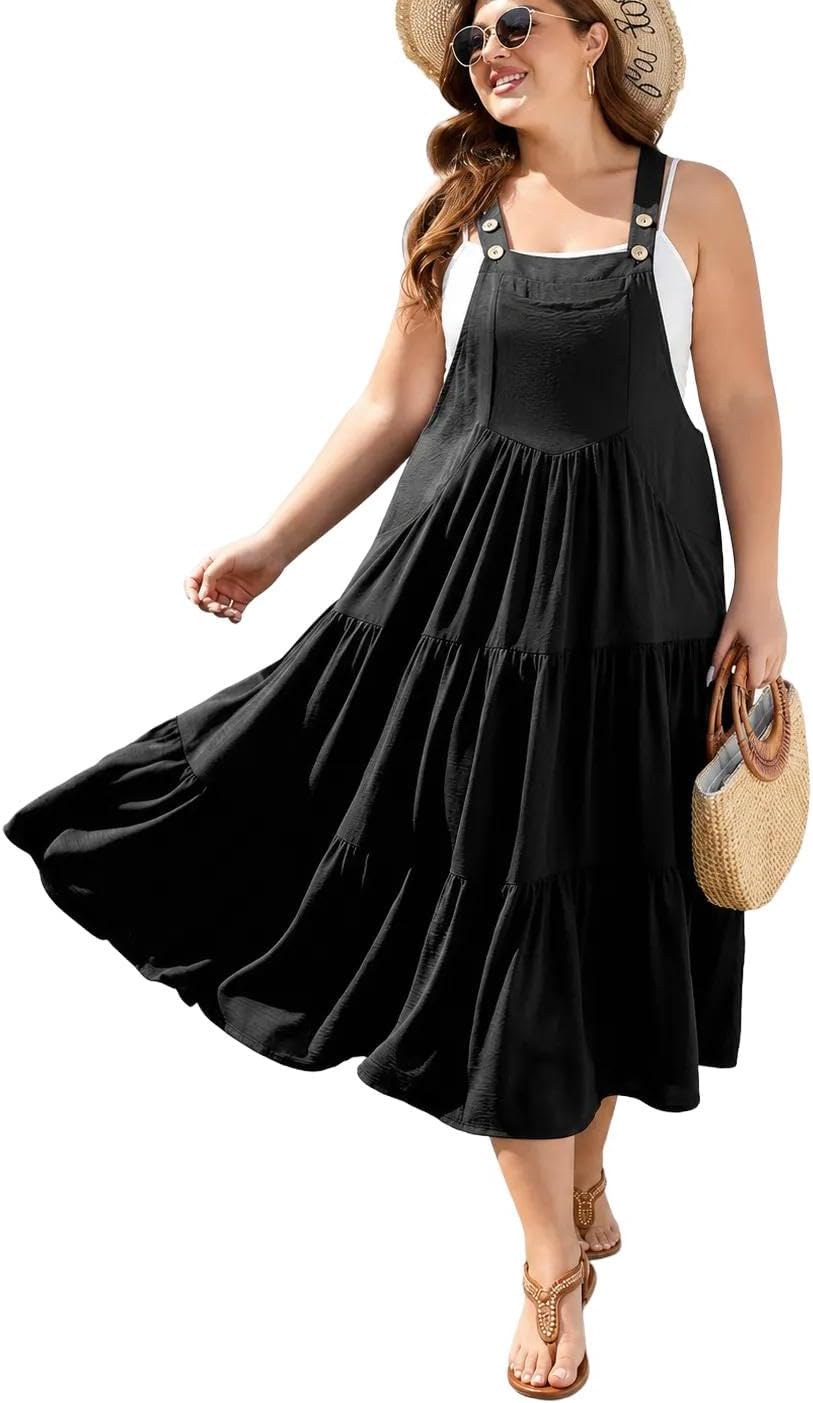Moon Wood Plus Size Overall Dress for Women Summer Casual Maxi Dresses Jumper Dresses with Pockets Adjustable Straps