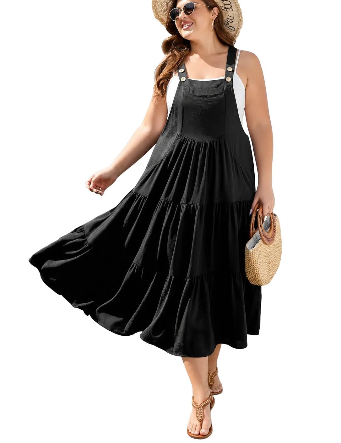 Photo 1 of Moon Wood Plus Size Overall Dress for Women Summer Casual Tiered Maxi Dress Jumper Dress with Pockets Adjustable Straps Black