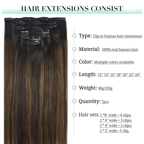 Miniatura 3 de DOORES Extensiones de cabello humano real con pinzas, balayage, color marrón oscuro a castaño de 12 pulgadas, 7 piezas de 2.33 onzas, extensiones de