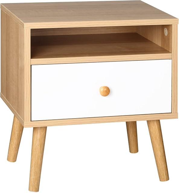 HOMCOM Bedside Table, Bedside Cabinet with Drawer and Shelf, Modern Nightstand, End Table for Living Room, Bedroom, Natural