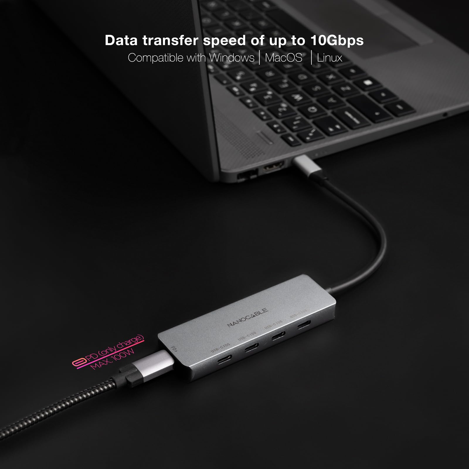 NANOCABLE 10.16.4505 koncentrator USB-C męski na 4 x USB-C żeński + USB-C PD 100 W, aluminium, 10 cm, szary, USB 3.2 Gen 2 x 1, kompatybilny z Windows, MacOS i Linux