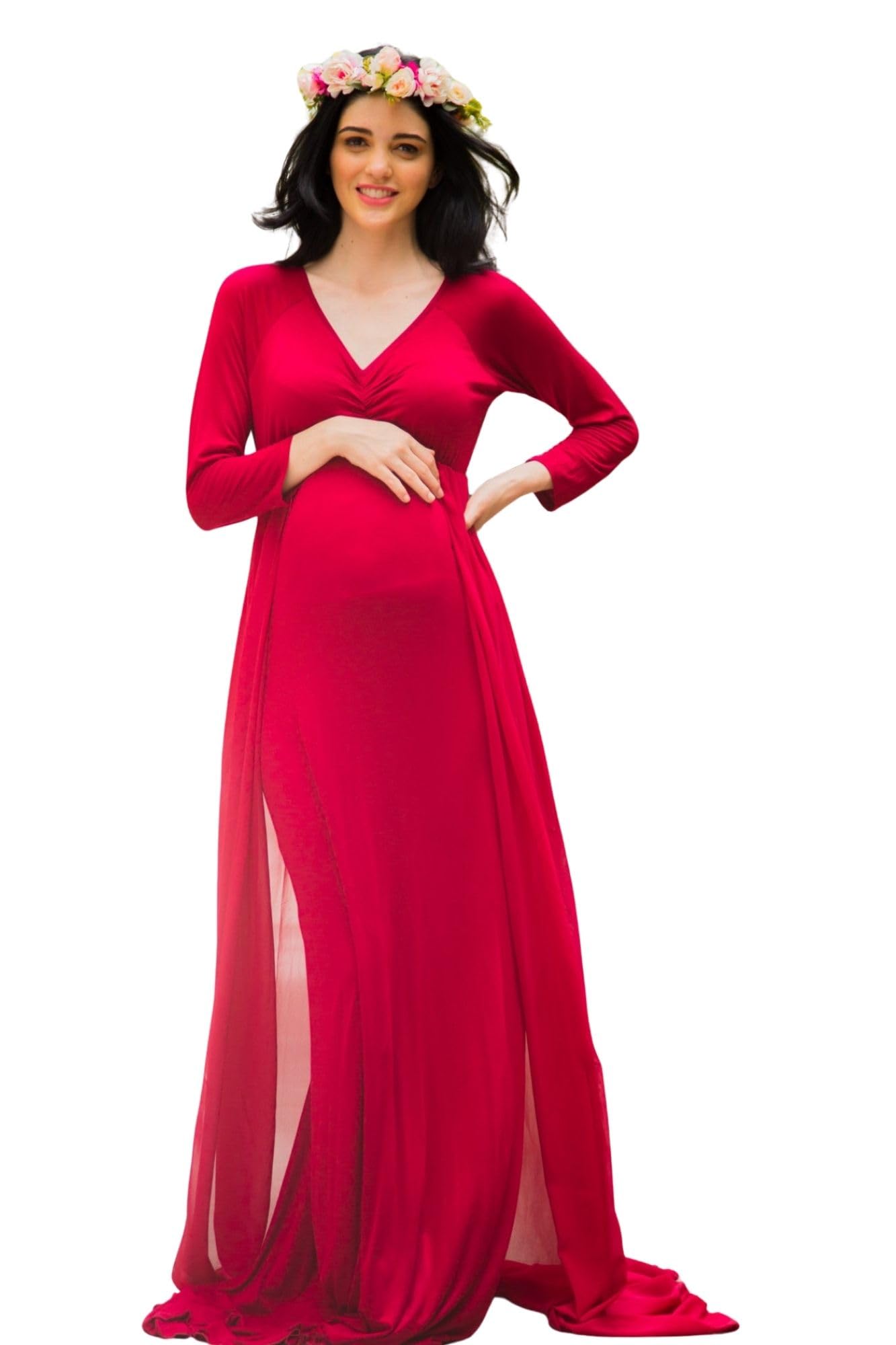 Momzjoy Exclusive Cherry Red Trail Maternity Photoshoot Gown-picture-25