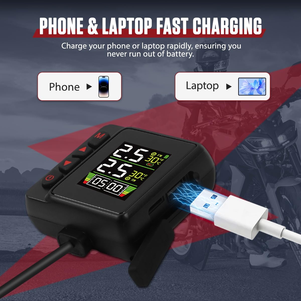 Motorcycle TPMS Tire Pressure Monitor System, No App HD Real-Time