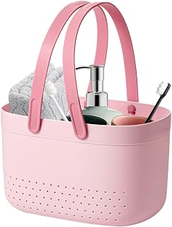Multi-Scene Plastic Storage Basket - Ergonomic TPR Handle & Ventilated Design for Bath Toys/Cosmetics, Space-Saving Organizer (pink)