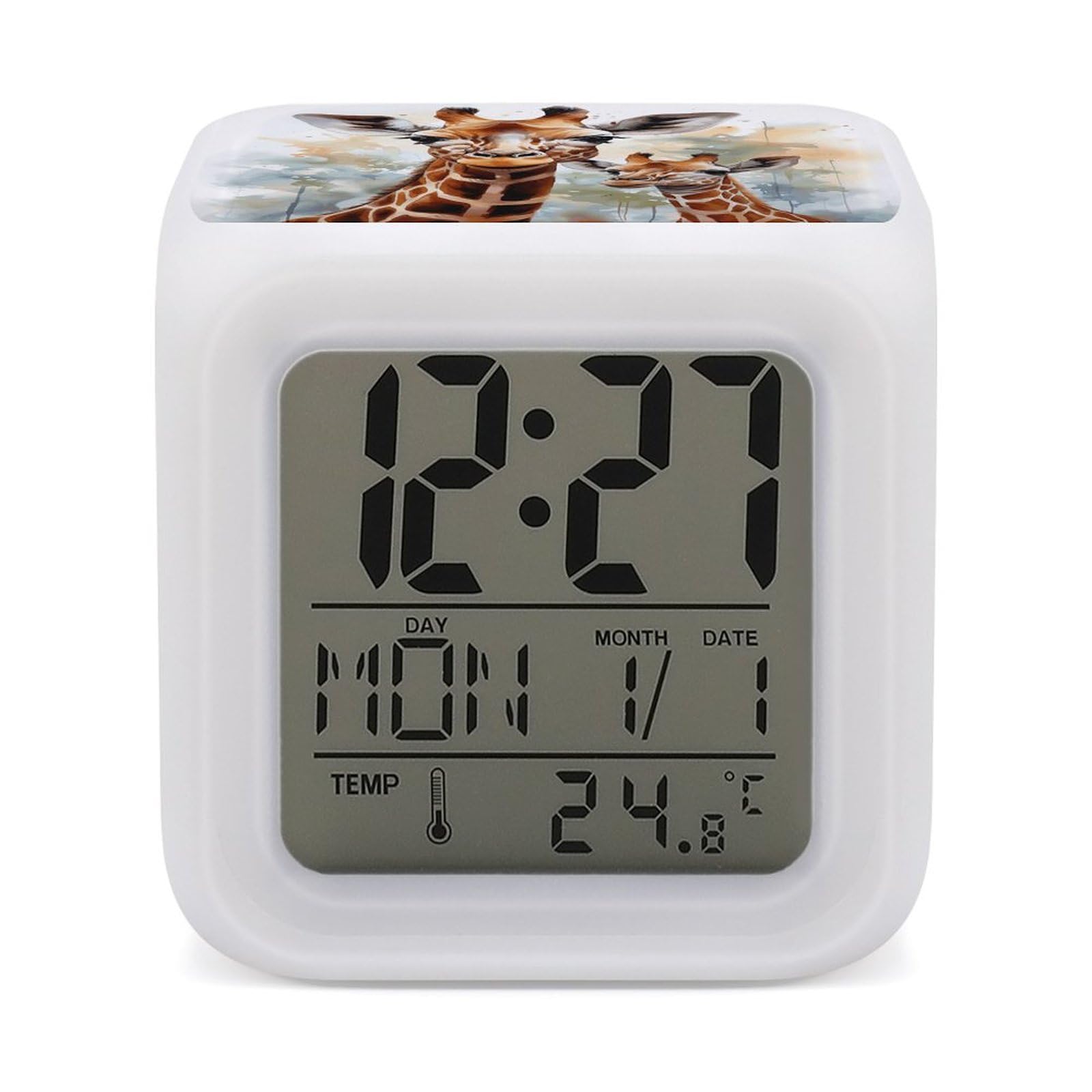 JTREHY 7 Color Changing LED Digital Alarm Clock,Watercolor Deer Giraffe Printed Wake-up Clock with Temperature Display Home Decoration Alarm Clock for Bedroom Office