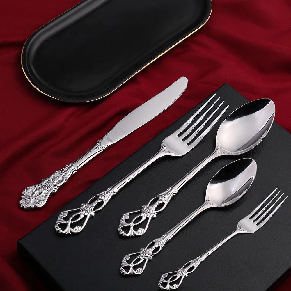 Luxury Silver Cutlery Set 30 pcs, 18/10 Stainless Steel Alloy Flatware Set for Fine Dining, Tableware Set with Fork, Spoon, Knife with Extra Dessert Fork and Dessert Knife by Konigtum