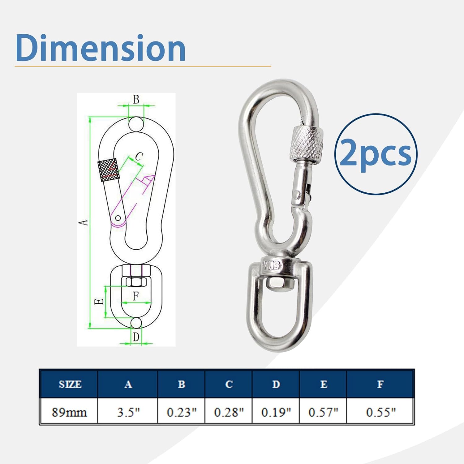 Locking Carabiner Clip with Swivel Clasp 304 Stainless Steel Swivel Rotating Locking Carabiner for Securing Pets, Dog Leash and Harness, Camping, Hiking, Backpack, Keychains 2pcs - Image 2