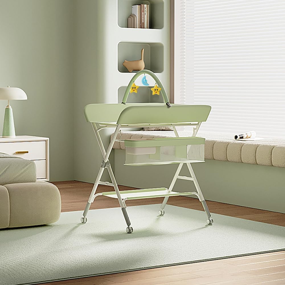 Aptliton Table à Langer Bébé Multifonction, Pliable Et Portable pour Change, Massage Et Bain, avec roulettes Silencieuses, Panier De Rangement, Tringle à Linge Et Étagère, 103x60x80cm, Gris/Vert