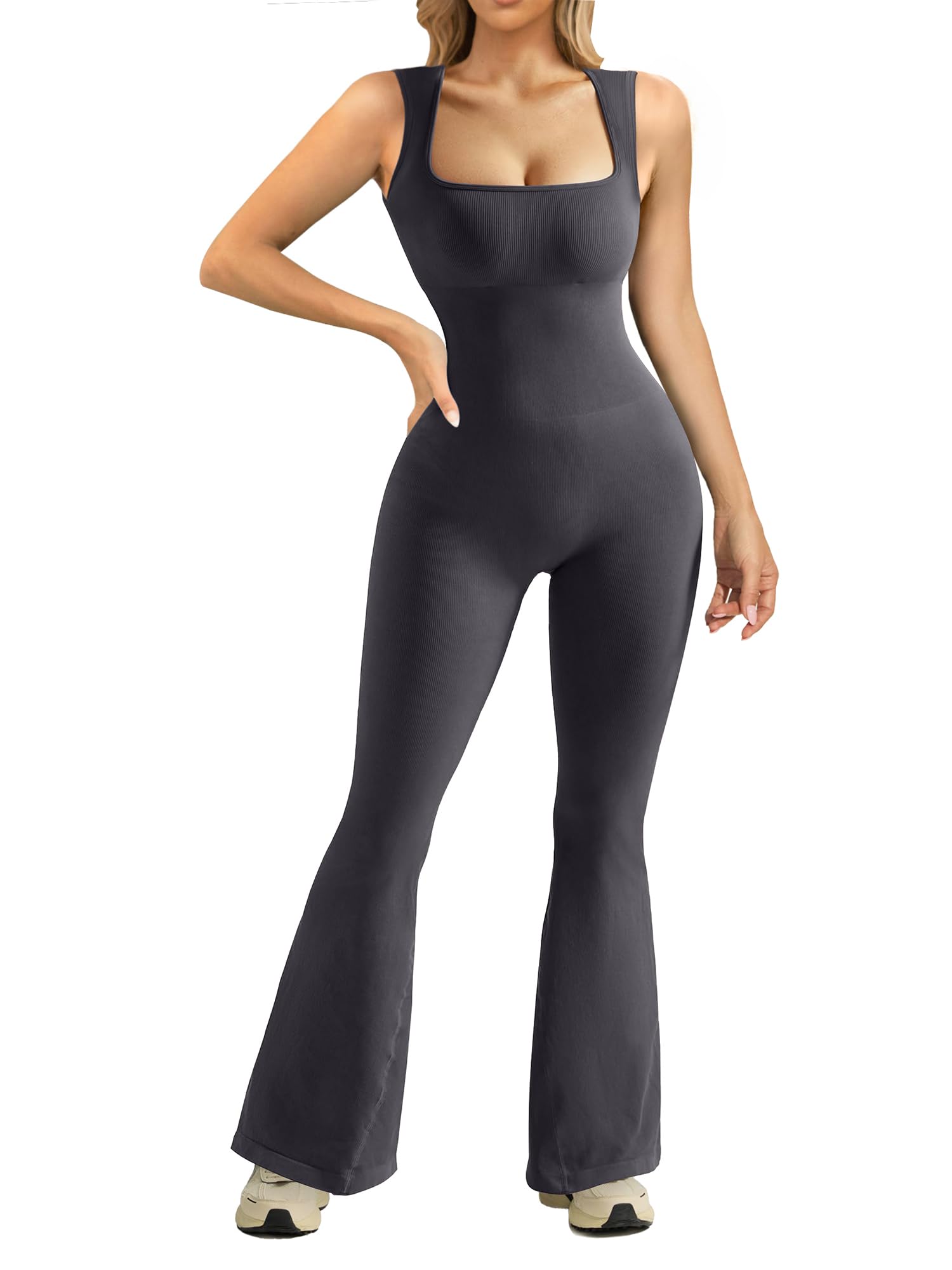 AGSEEMOne Piece Jumpsuits for Women Knit Bodycon Pants Wide Leg Square Neck Workout Outfits