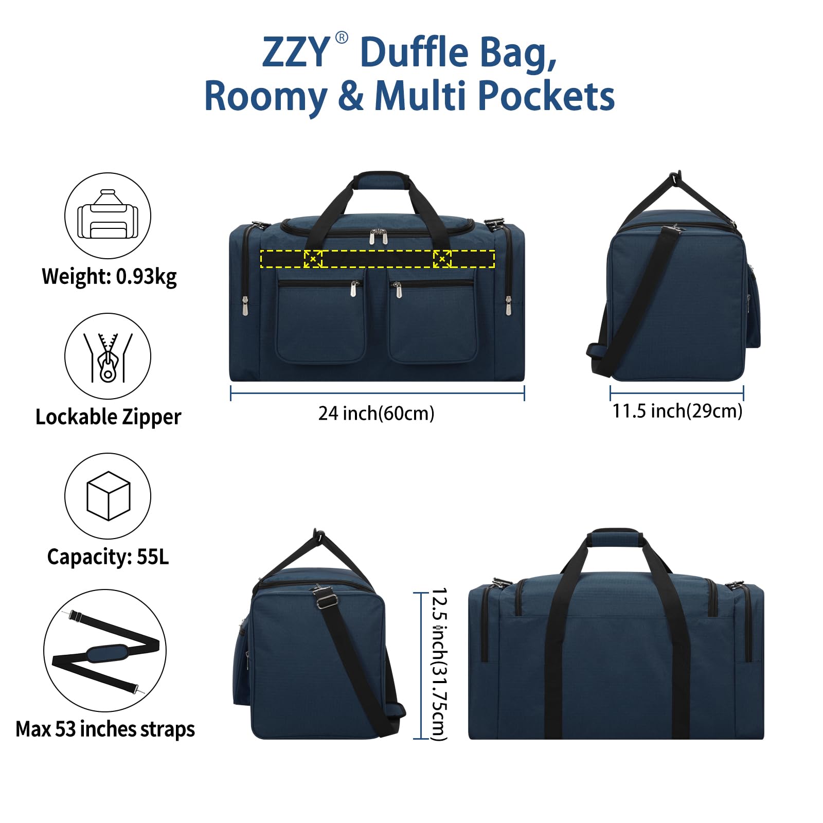 ZZY Sac de Sport 55L Grand pour Homme – Sac de Week-End Imperméable avec 2 Poches Latérales pour Fitness, Salle de Sport, Sauna, Voyages & Nuitées (Bleu Marine)