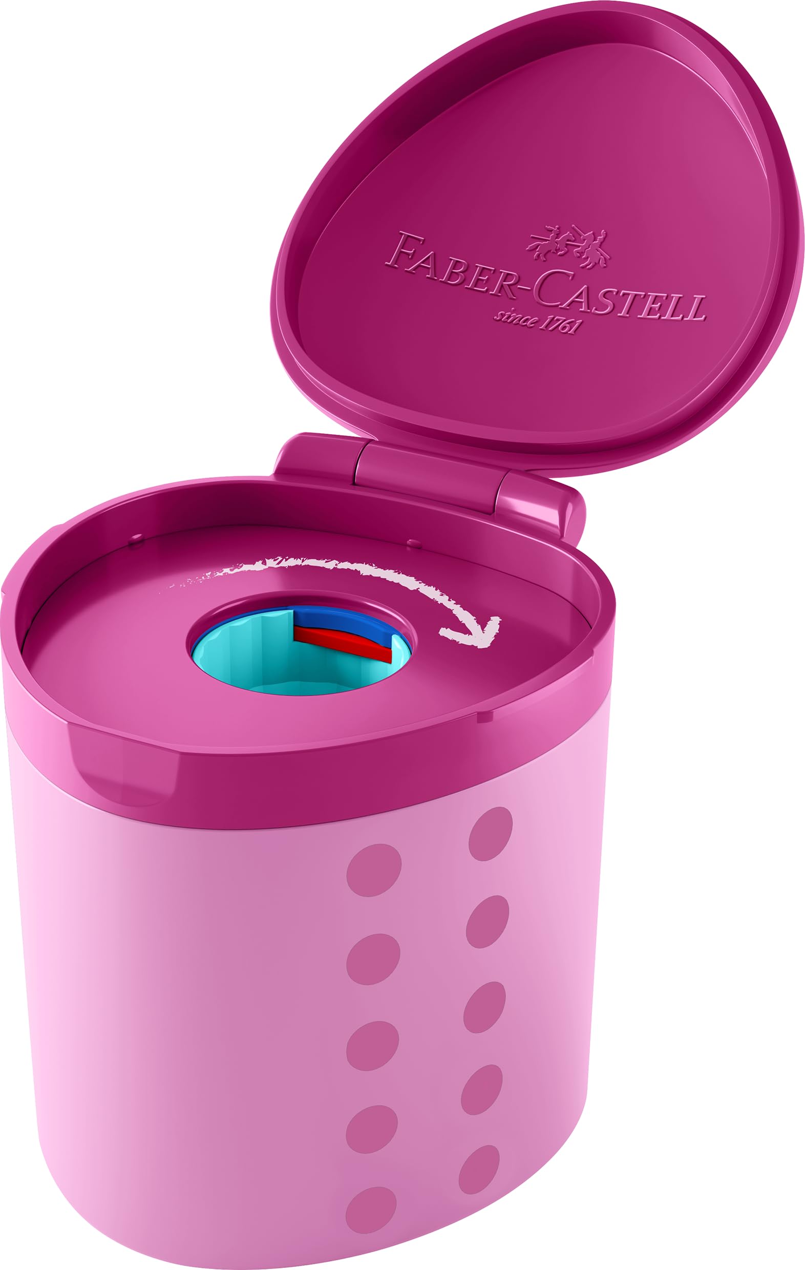 FABER-CASTELL 181795 - Temperino Grippy con protezione anti-taglio, temperino rosa con contenitore, per matite colorate con diametro di 17,8 mm