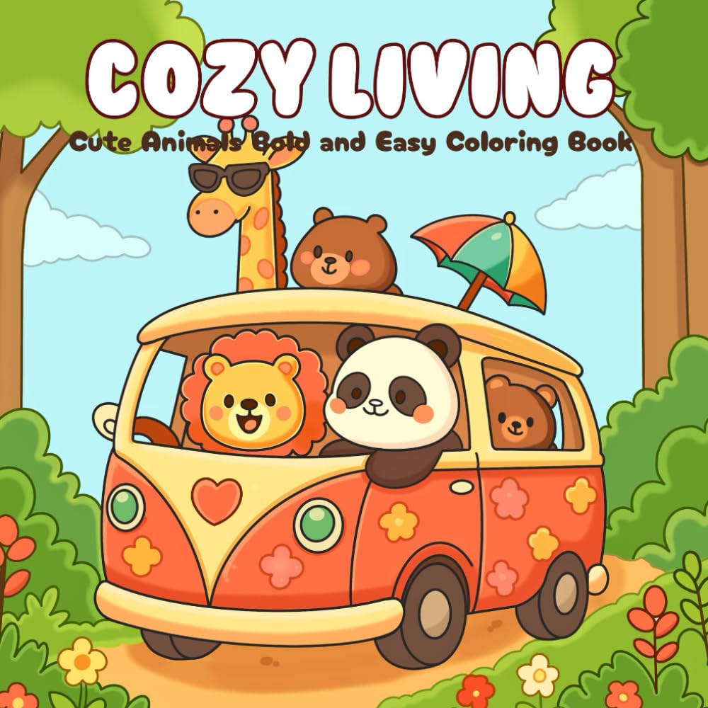 Cozy Living Coloring Book: Animals Cute & Funny Bold and Easy Coloring Book for Kids and Adults with Cozy Scenes, Famous Monuments, and Relaxing Vibes