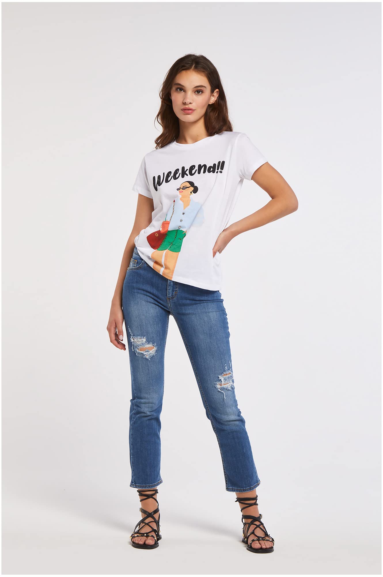 CAFèNOIR C7JT0091 Bawełna koszulka z nadrukiem wielozadaniowym i Rhinestone Biały