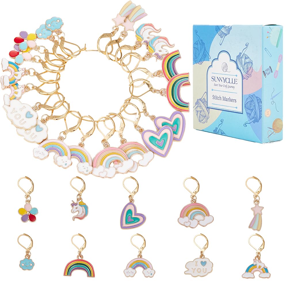 SUNNYCLUE 1 Box 20Pcs Knitting Stitch Markers Crochet Rainbow Colorful Leverback Charms Cute Crochet Markers for Knitting Weaving Sewing Needleworks Women DIY Craft