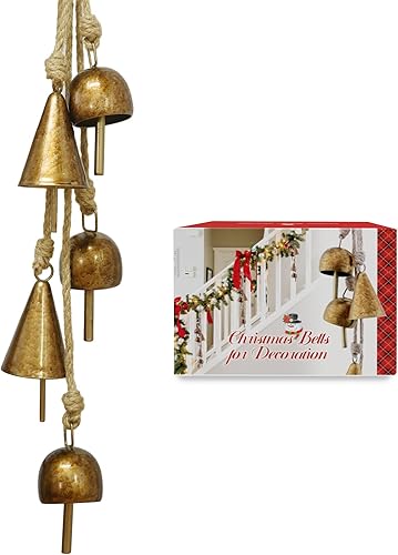 Miniatura 6 de Campanas rústicas de metal dorado con cuerda de yute para árbol de Navidad, corona, fiesta, decoración de boda, 3.5 pulgadas de ancho x 21 pulgadas