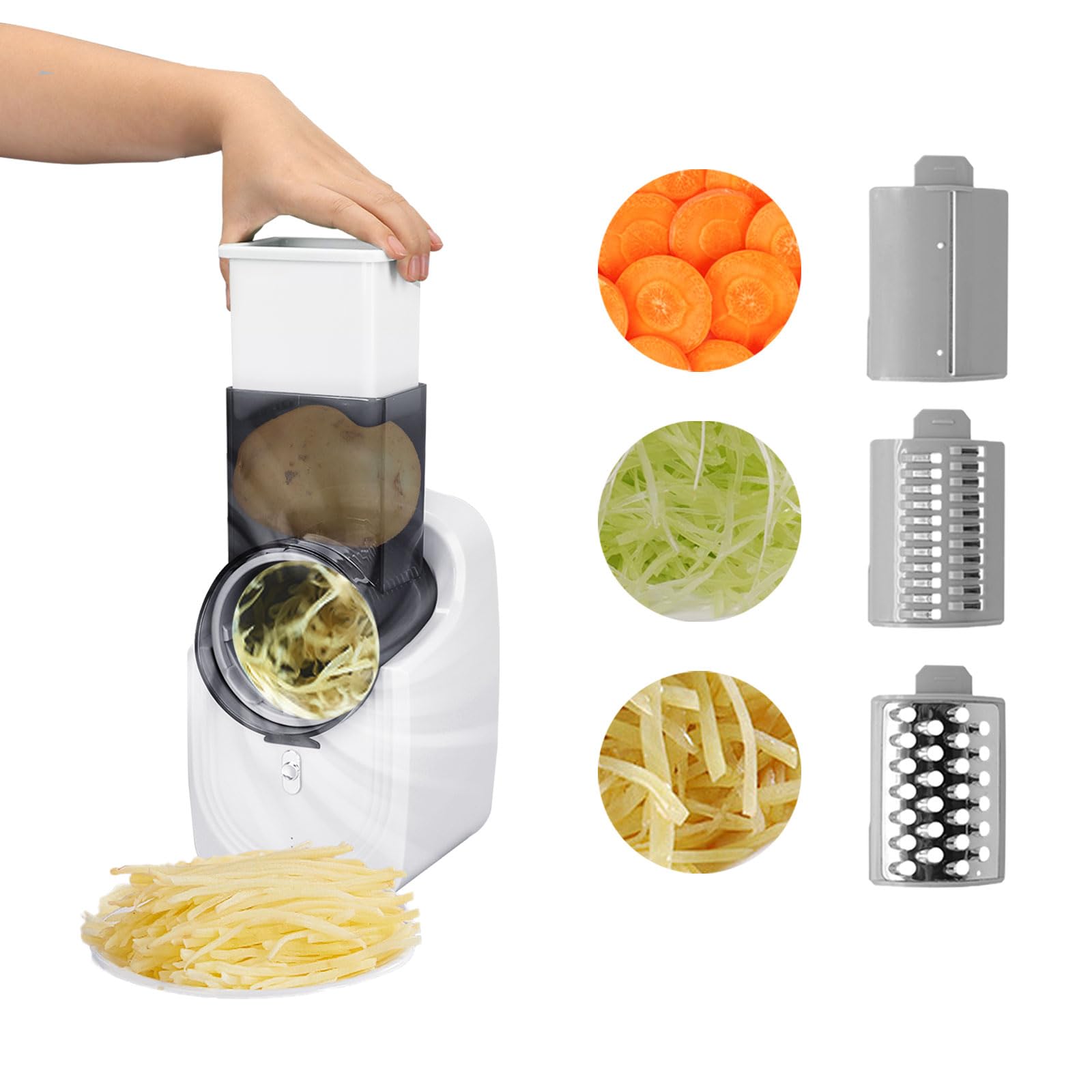 Mandolina Affettatrice di Patate Verdure, Affettatrice Elettrica e Tagliaverdure, Tritatutto per Insalata di Verdure con 3 Lame Grattugia Rotativa per Affettare Verdure Facile Verdura e Frutta