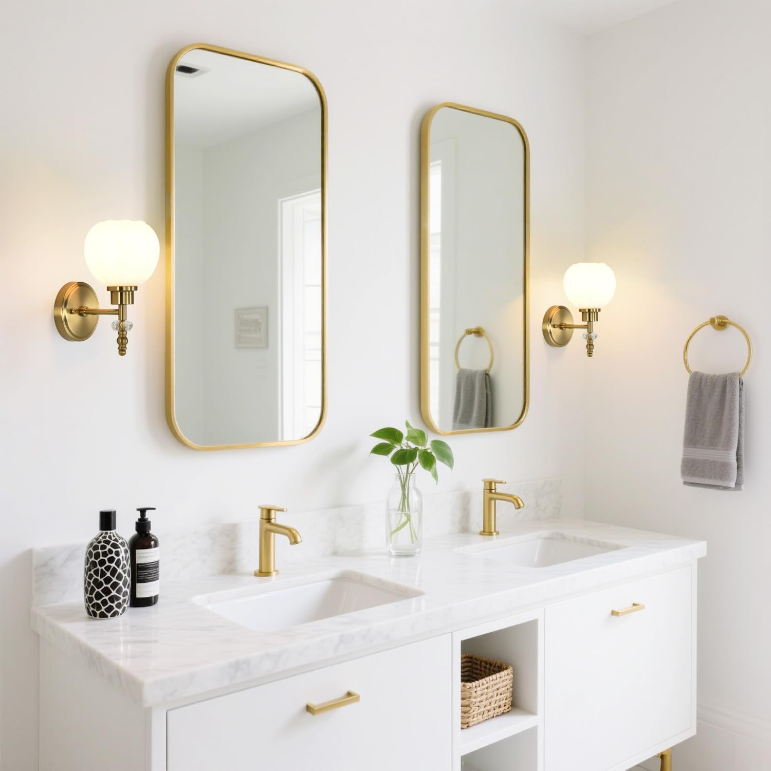 Vintage Milk Glass Wall Sconces Set of 2, Brushed Gold Hardwired Flower Wall Lamps for Bedroom Bathroom Living Room Hallway, E26 Base Bedside wall Sconce （Not Included Bulbs）