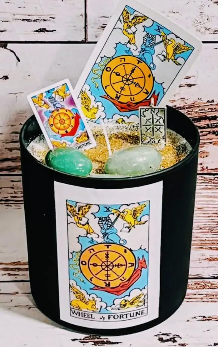 Wheel of Fortune Tarot Card Candle with Healing Crystals, Black Container, Spiritual Decor